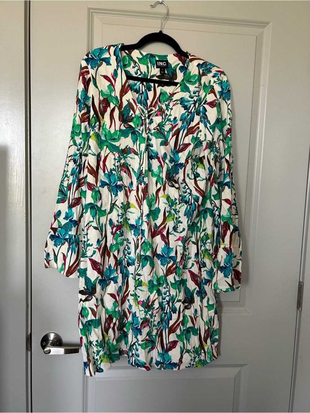 INC Floral Tunic Dress in White with Teal & Green Print